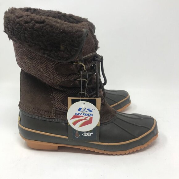 Khombu Corrine Brown Herringbone Wool Winter Lace Up Duck Snow Boots Size 7 - Picture 1 of 6